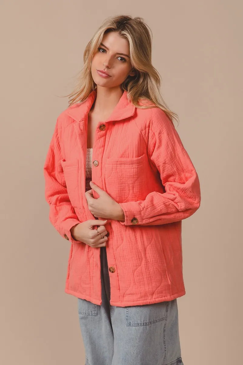 Quilted Wrinkle Gauze Long Sleeve Shacket – Lightweight Layering Top