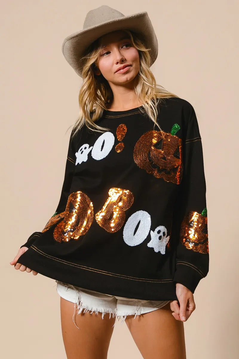 Halloween Sequin Pumpkin & Ghost Sweatshirt – Oversized Black Pullover
