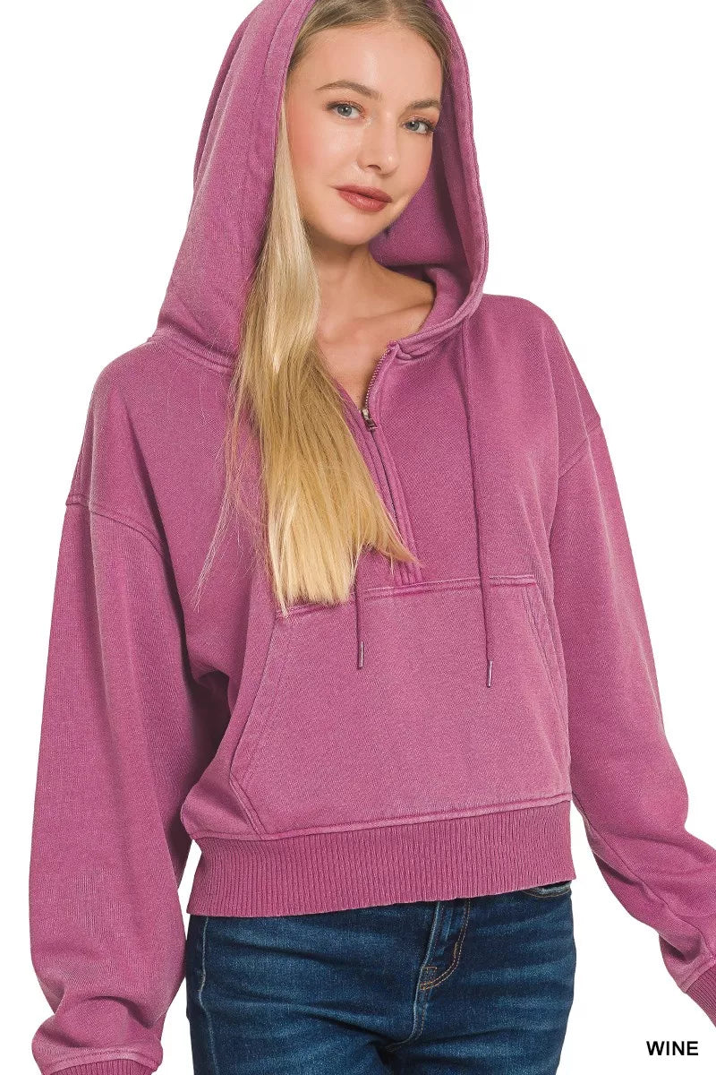Women’s wine fleece half-zip hoodie with hood and kangaroo pocket