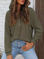 Waffle-knit button hoodie in olive green with hood, front buttons, and long sleeves