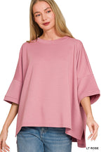 Light rose scuba top with crew neck and bell sleeves