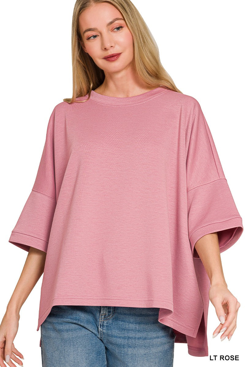 Light rose scuba top with crew neck and bell sleeves