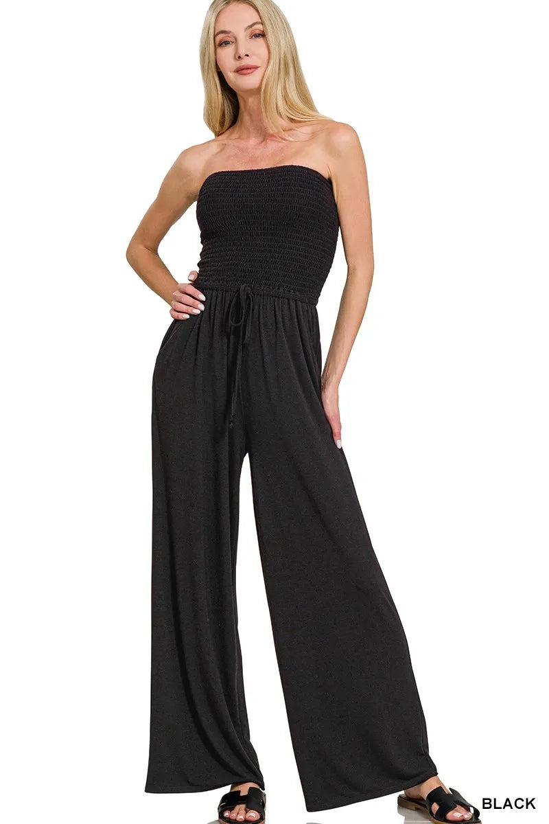 Strapless Smocked Jumpsuit – Flowy Palazzo Style for Summer Days