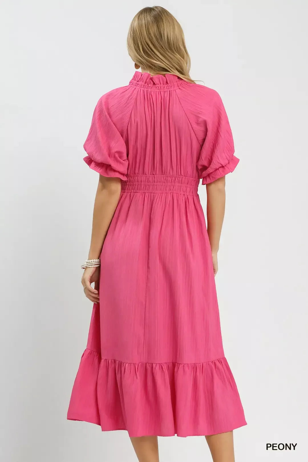 Peony midi dress with gathered back yoke, puff sleeves, and tiered skirt