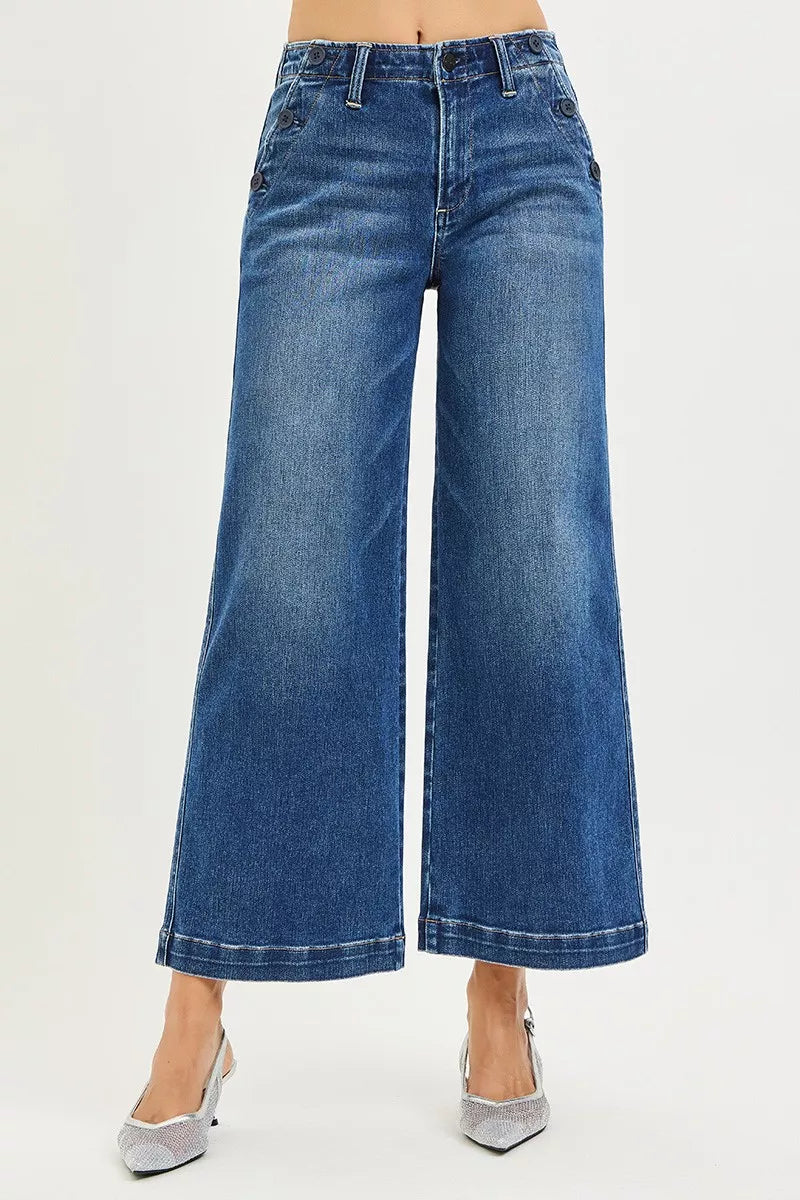 High-rise wide-leg jeans, blue denim, front button pocket detail