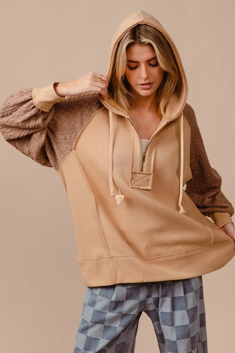 Half Zip French Terry Hoodie with Knit Sleeves