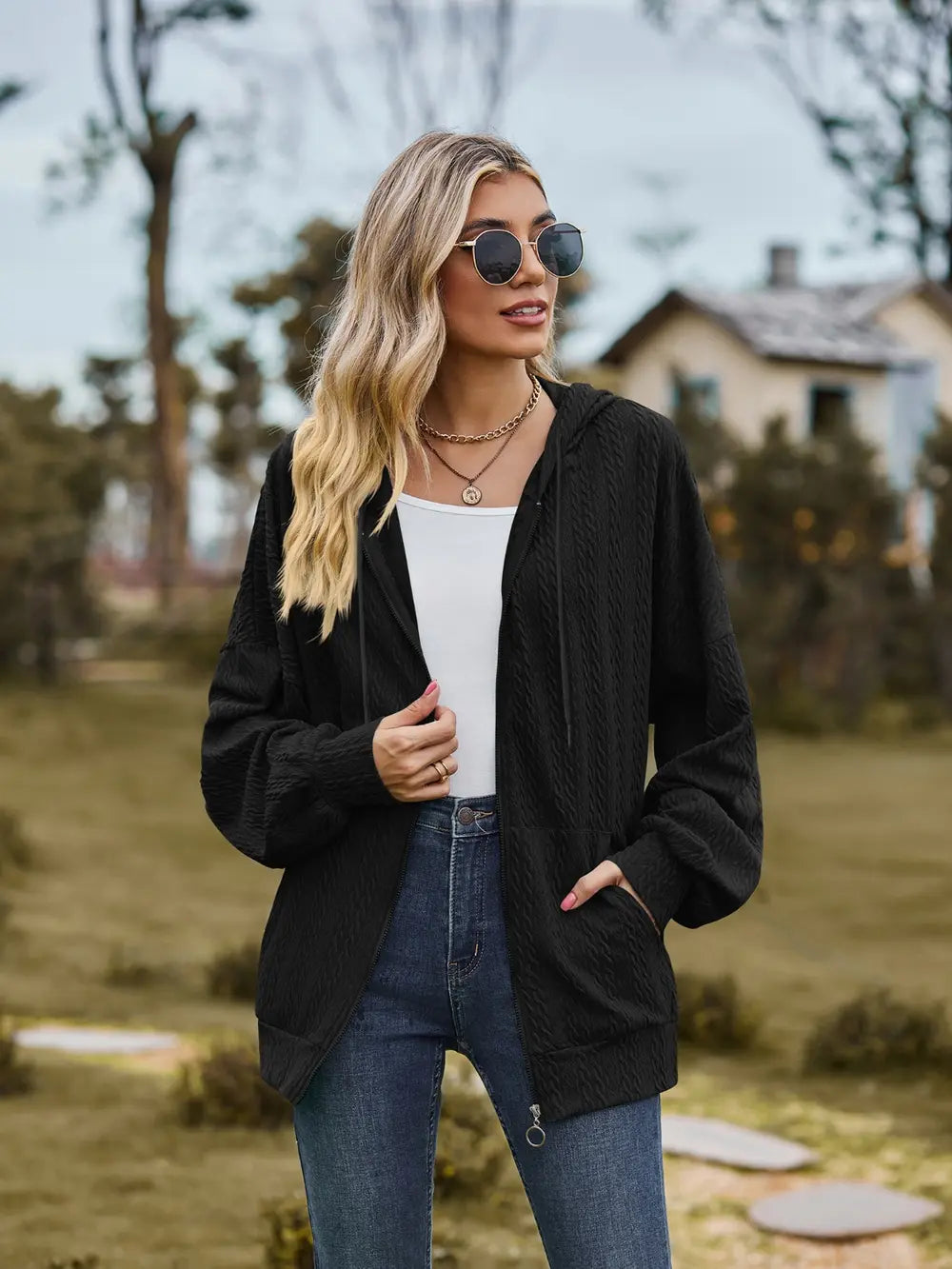 Zip Up Drawstring Long Sleeve Hooded Jacket – Casual Lightweight Layer