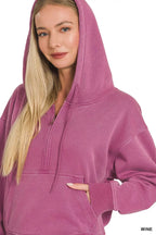 Women’s wine fleece half-zip hoodie with hood, front zipper, kangaroo pocket