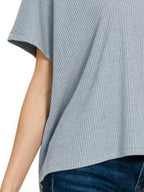 Oversized Ribbed Knit Pullover Short Sleeve Top Relaxed Fit