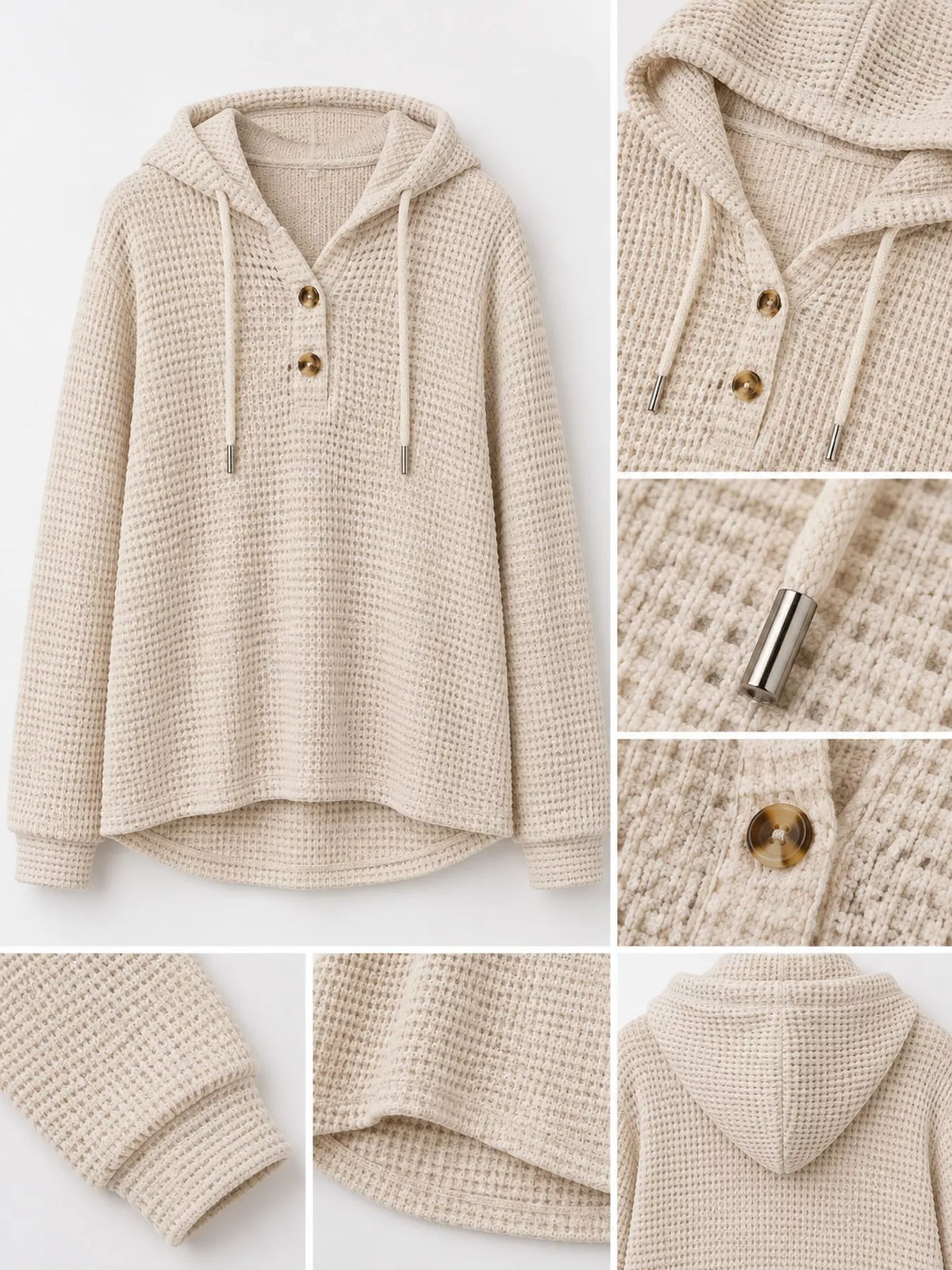 Cream waffle-knit button hoodie set: hood, drawstrings, and close-up buttons