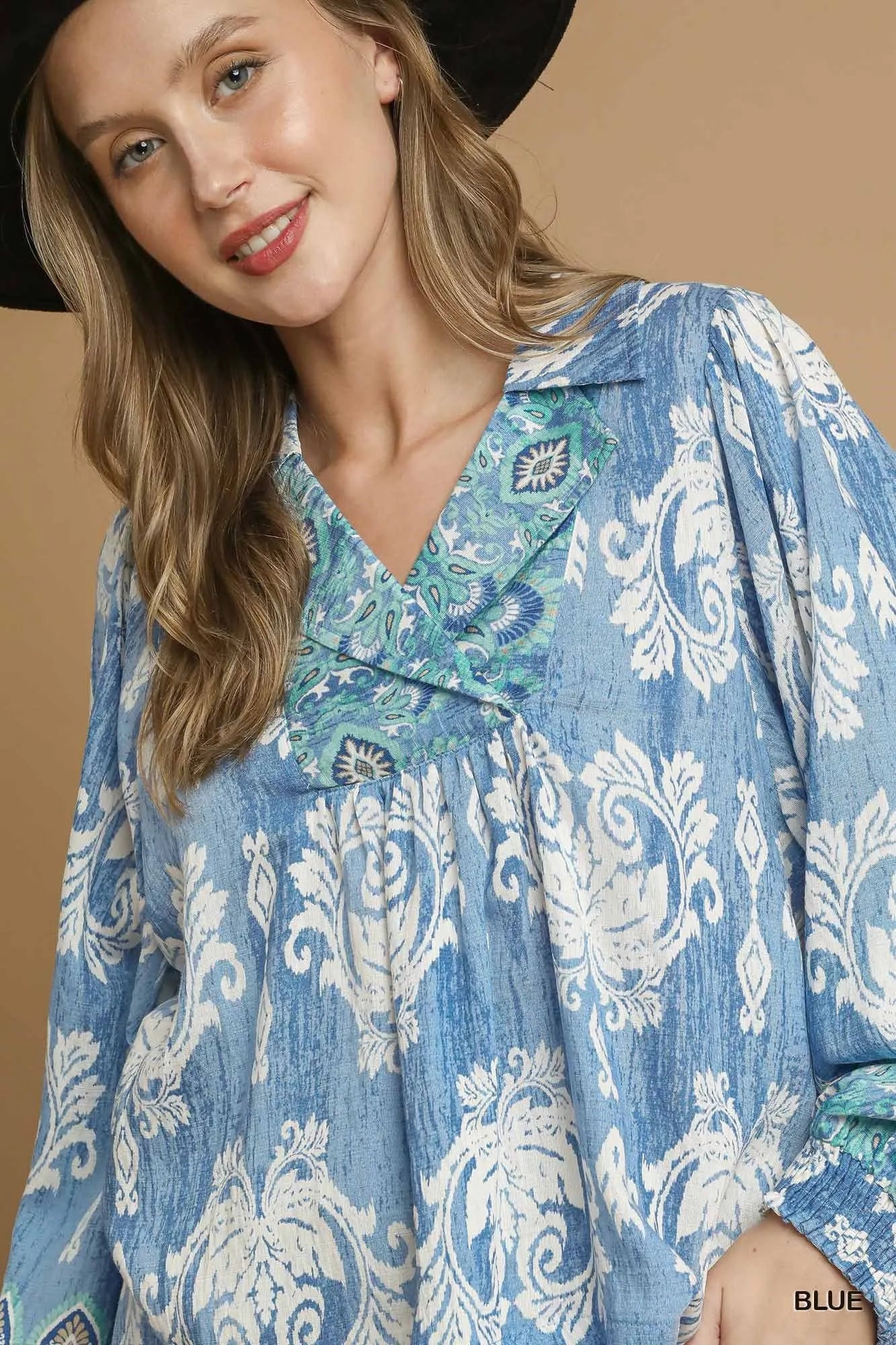 Boho Paisley Floral V-Neck Blouse – Tassel Tie & Balloon Sleeve Top