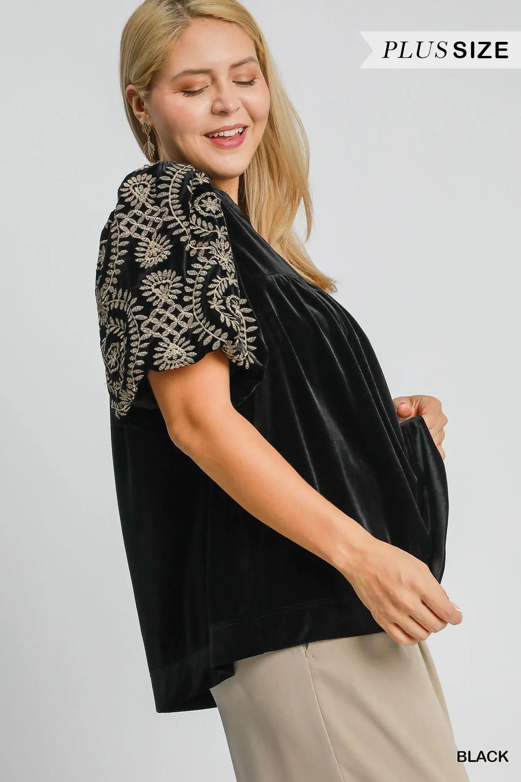Velvet Embroidered Sleeve Blouse Luxe Ruched Top with Elegant Detailing