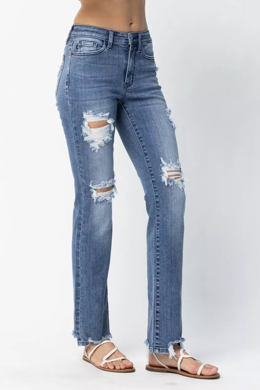 Judy Blue Mid Rise Destroy Straight Jeans – Trendy Distressed Style