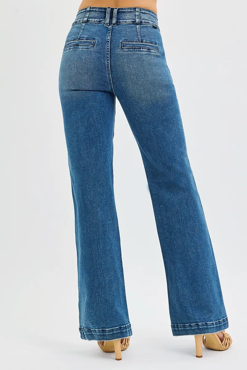 Tummy Control High Rise Bootcut Jeans – Slimming Double Button Fit