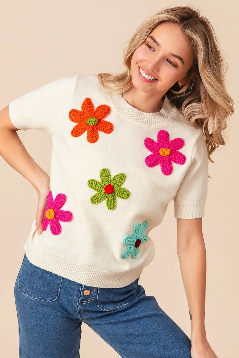 Embroidered Daisy Pullover Sweater – Cheerful, Soft & Feminine
