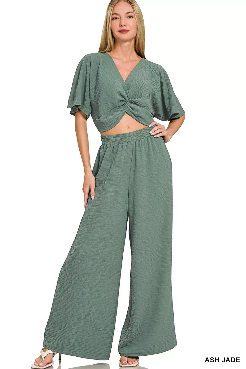 Woven twisted top and wide-leg pants set with V-neck, ash jade green.