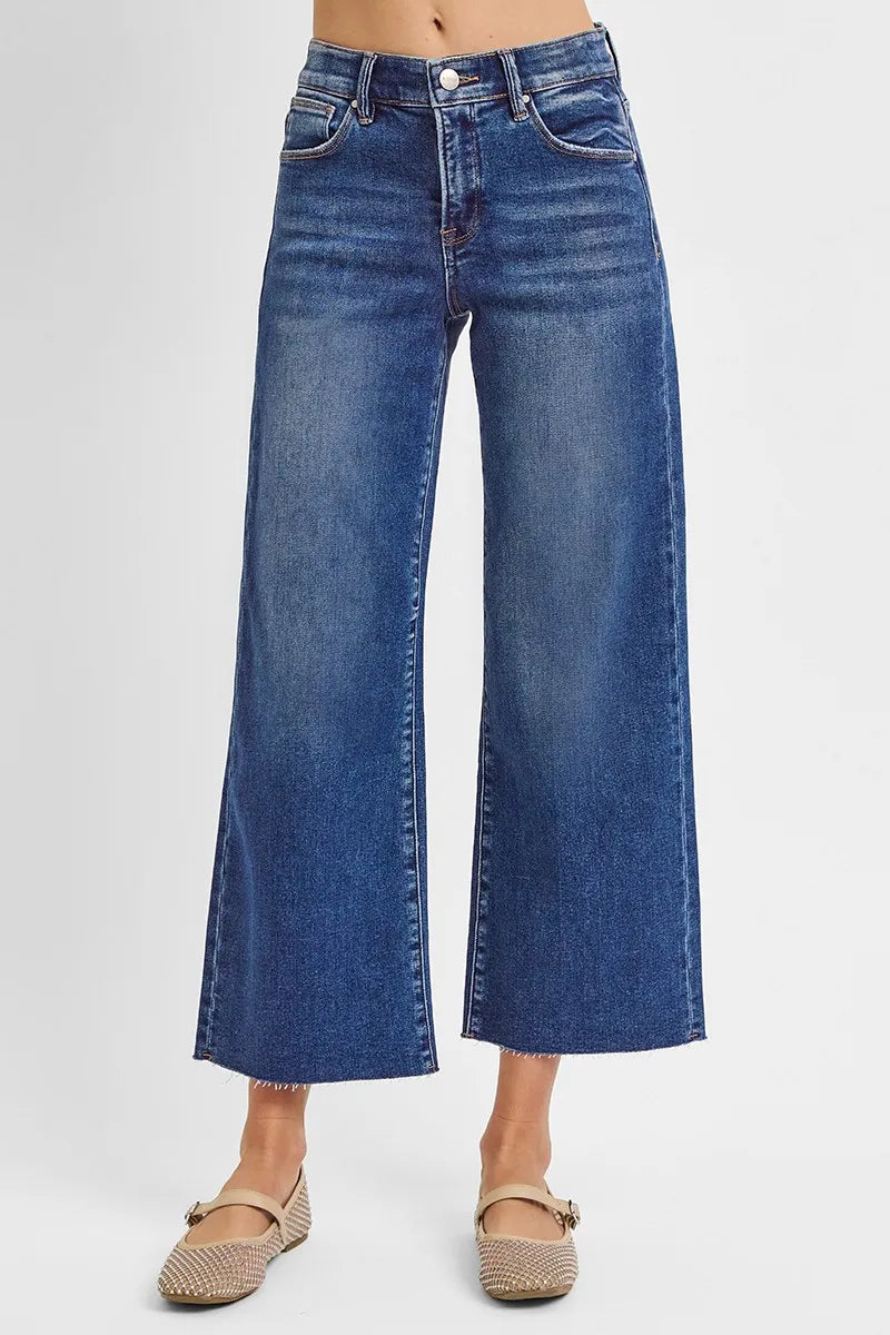 Dreamkue-Risen Women's Wide Leg Cropped Jeans High Rise Stretch Denim Pants Casual Style
