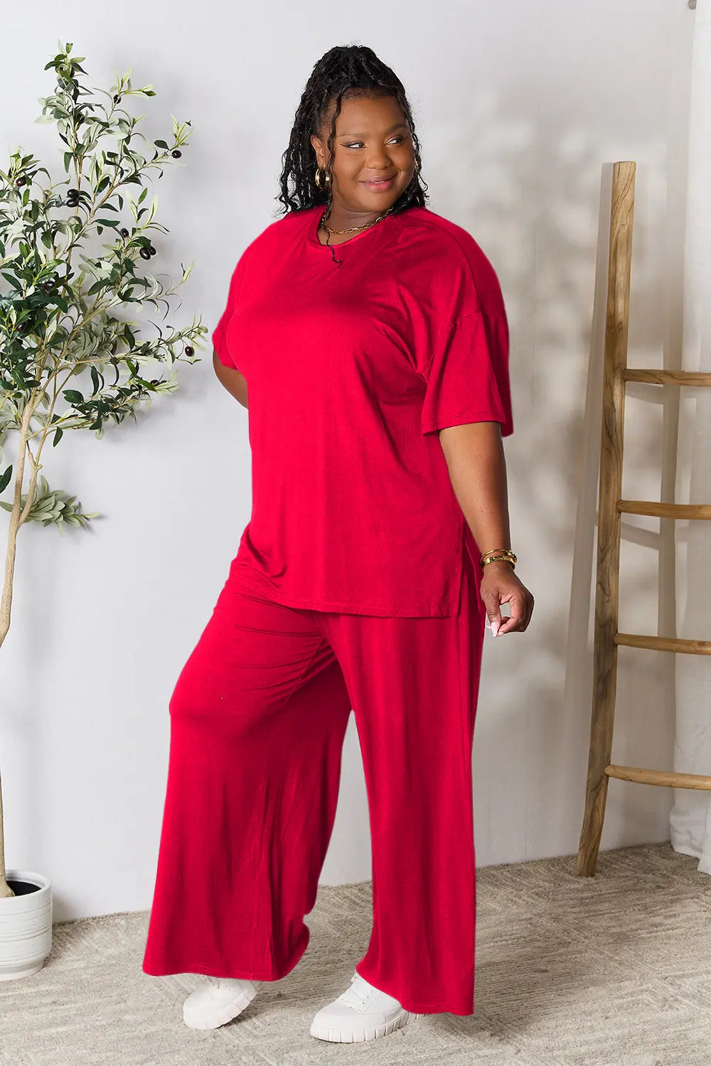 Chic Round Neck Slit Top & Pants Set – Stylish, Comfy & Versatile