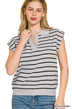 Striped polo-collar sweater vest with V placket, black and gray knit stripes
