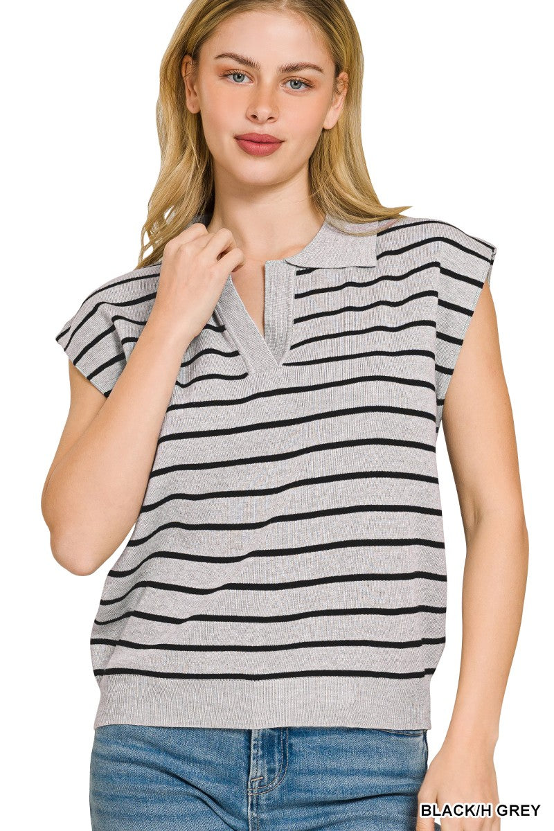 Striped polo-collar sweater vest with V placket, black and gray knit stripes