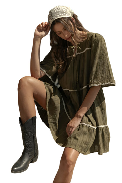 Annie Wear Tassel Contrast Trim Tie Neck Half Sleeve Tiered Dress