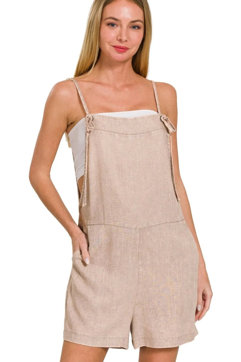 Coffee Brown Cotton Romper – Vintage Wash, Pockets & Adjustable Straps