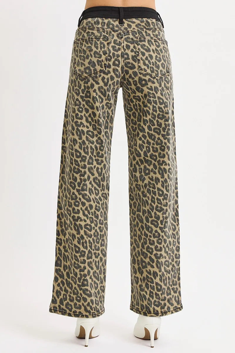 High Rise Wide Leg Leopard Print Jeans | Bold Contrast Waistband