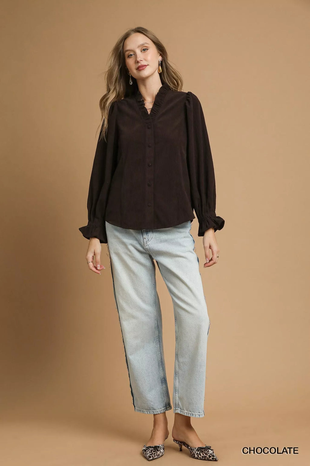 Corduroy Ruffle Shirt with Puff Sleeves – Chic Fall Fashion Top