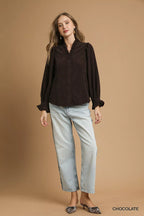 Corduroy Ruffle Shirt with Puff Sleeves – Chic Fall Fashion Top