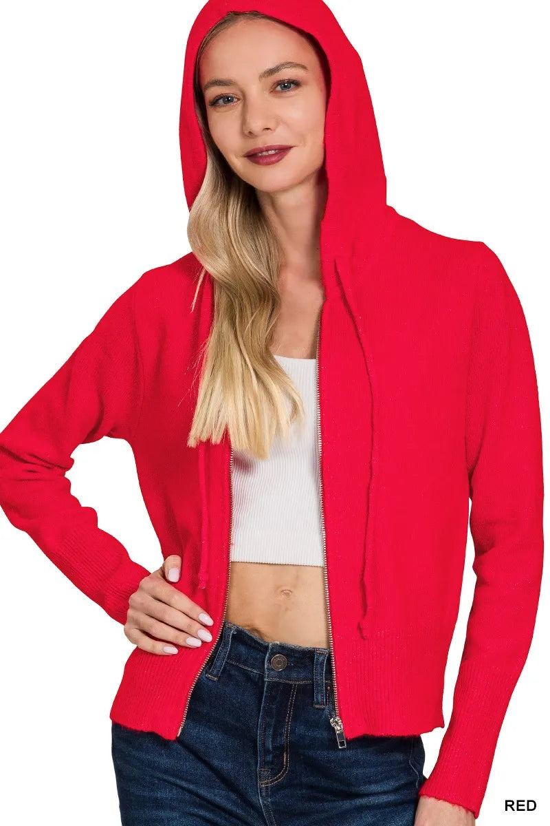 Bright Red Zip-Up Hoodie – Soft Knit Casual Layer with Drawstring
