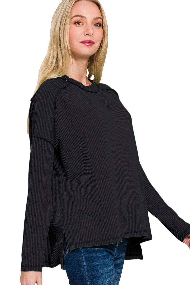 Exposed-Seam Corded Rib Long Sleeve Top – Textured, Trendy & Versatile