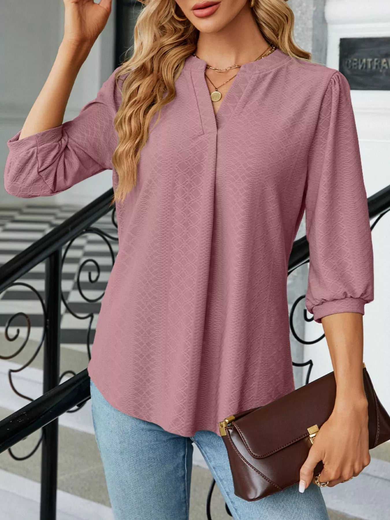 Notched 3/4 Sleeve Casual Top – Effortless Everyday Style