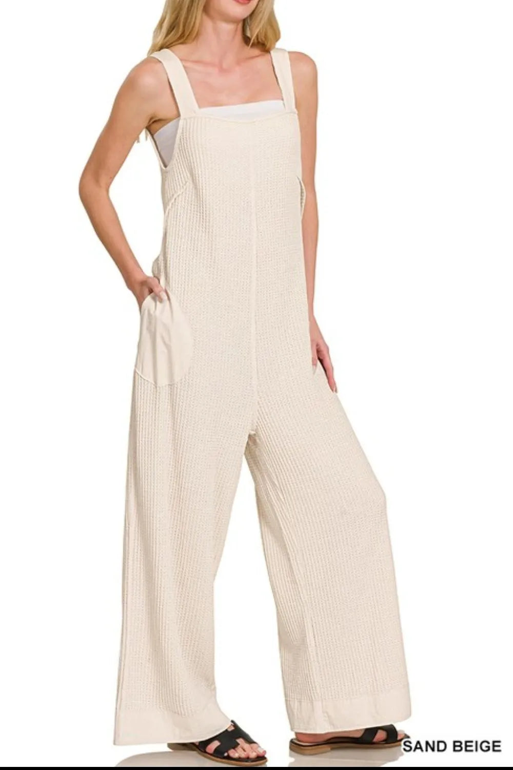 Knit Waffle Wide Leg Overalls – Adjustable Straps & Cozy Texture