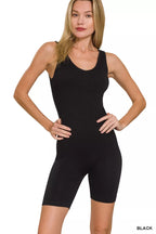 Black seamless sports romper, sleeveless scoop neck with fitted biker shorts