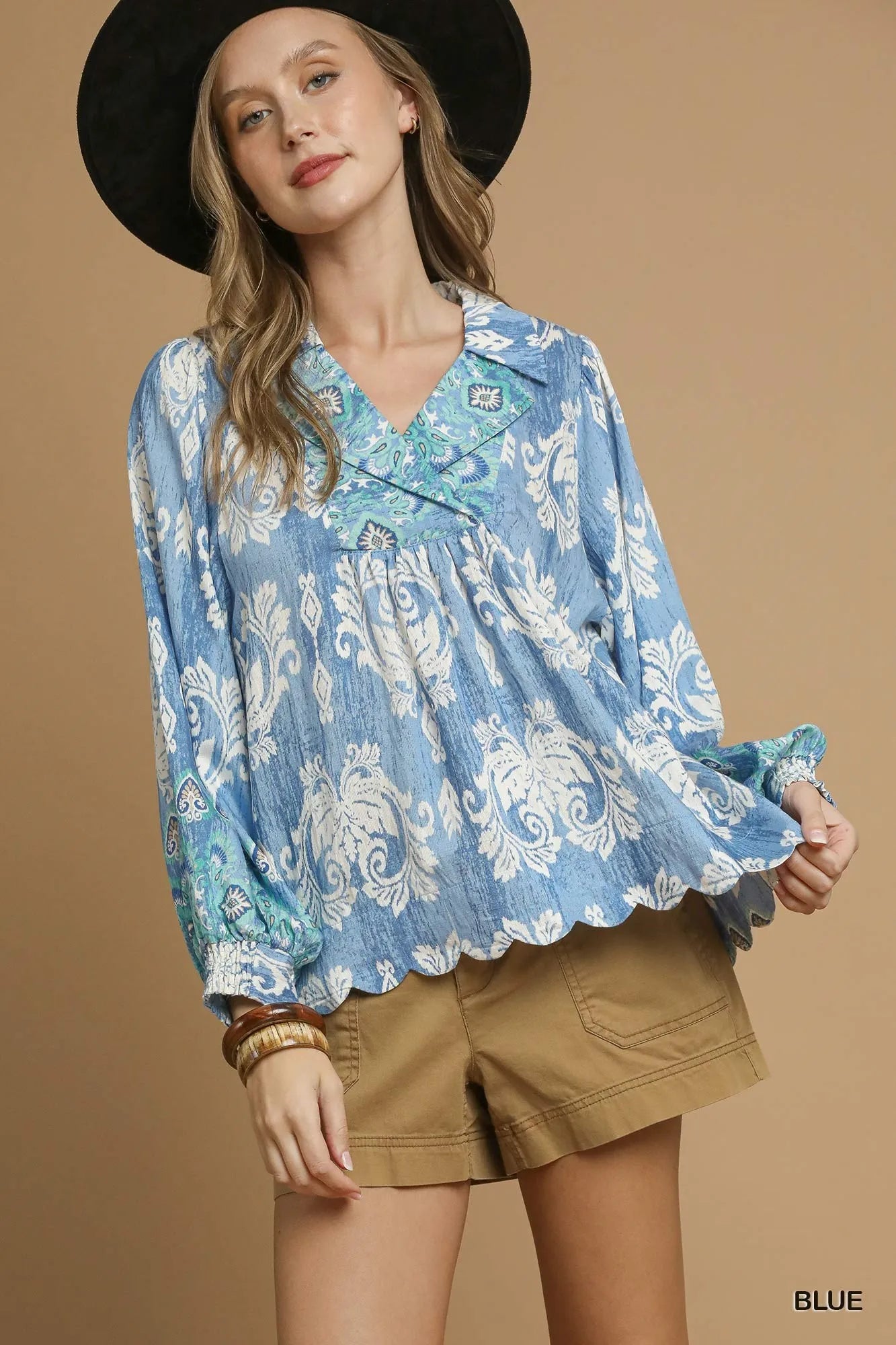 Boho Paisley Floral V-Neck Blouse – Tassel Tie & Balloon Sleeve Top