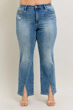 Women's high-waist straight jeans in blue vintage wash with front seams and slit hems