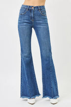 Mid-rise flare jeans for women, blue denim with stitched seams and frayed cuff hem