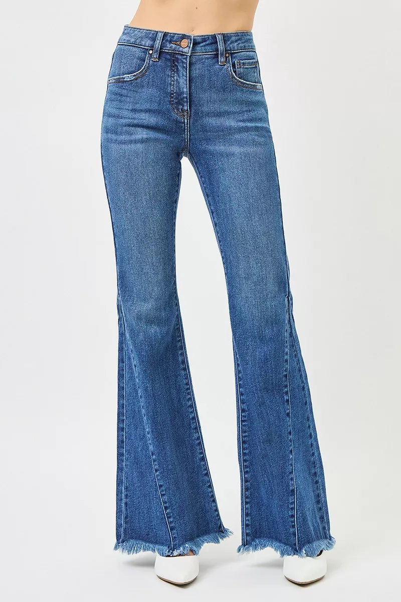 Mid-rise flare jeans for women, blue denim with stitched seams and frayed cuff hem