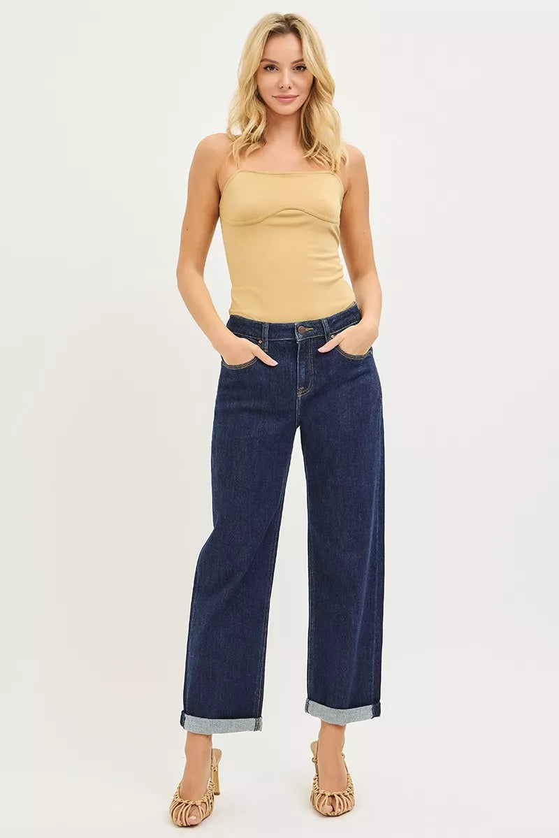 Dark blue cropped boyfriend jeans with mid-rise waistband and cuffed hems