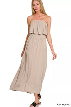 Strapless ash mocha crinkle maxi dress with ruffled tiered bodice and gathered waist