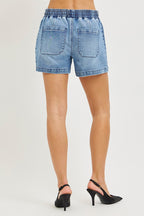 Denim shorts back with elastic waist, drawstring, and stitched back pockets