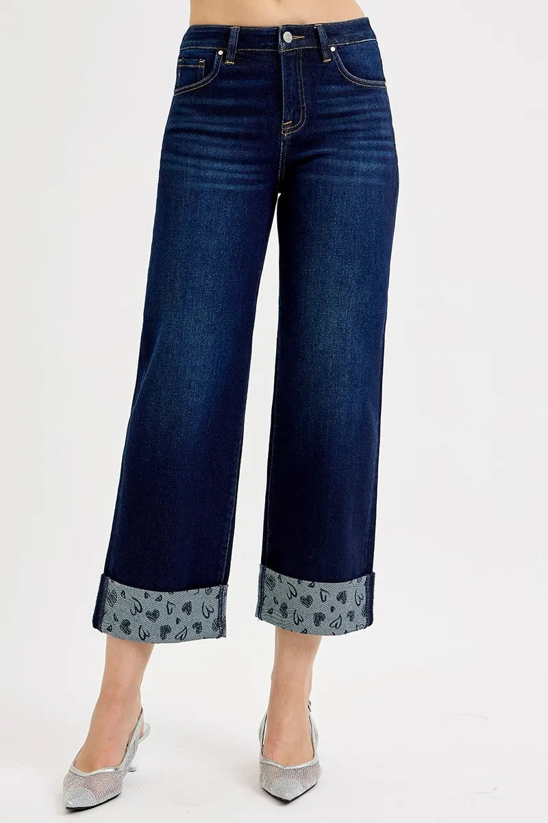 Dreamkue-Risen Women's Mid Rise Cropped Wide Leg Jeans with Printed Cuffs Stretch Denim