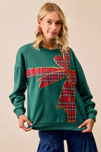 BiBi Plaid Ribbon Bow Christmas Fleece Pullover – Festive Cozy Holiday Top