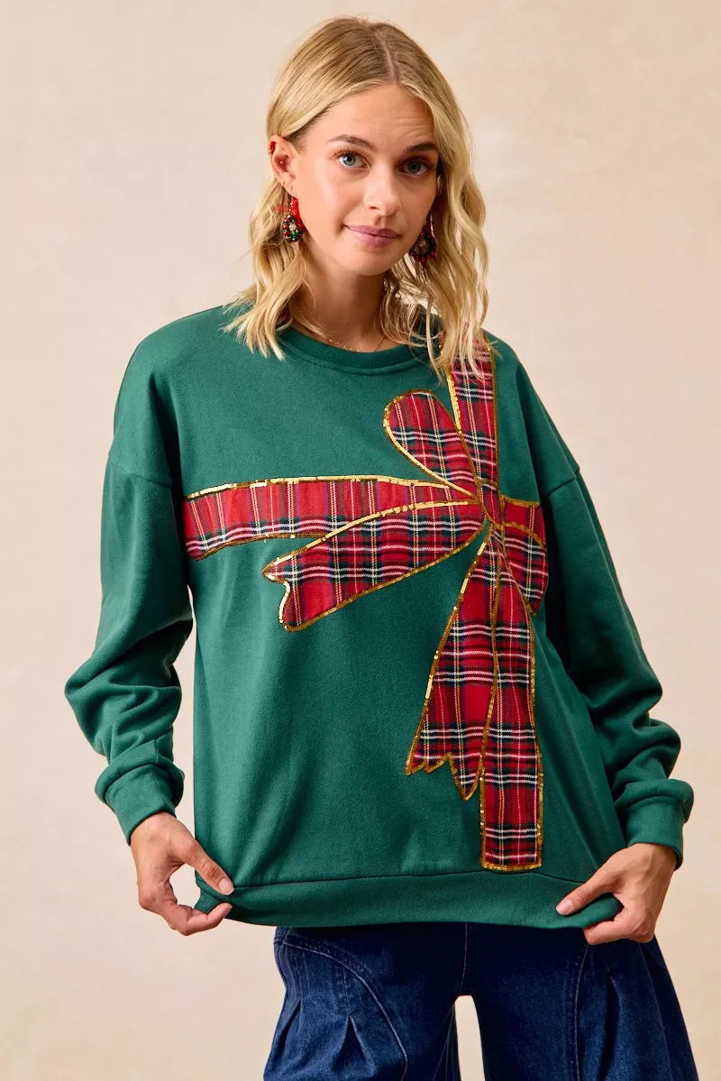 BiBi Plaid Ribbon Bow Christmas Fleece Pullover – Festive Cozy Holiday Top