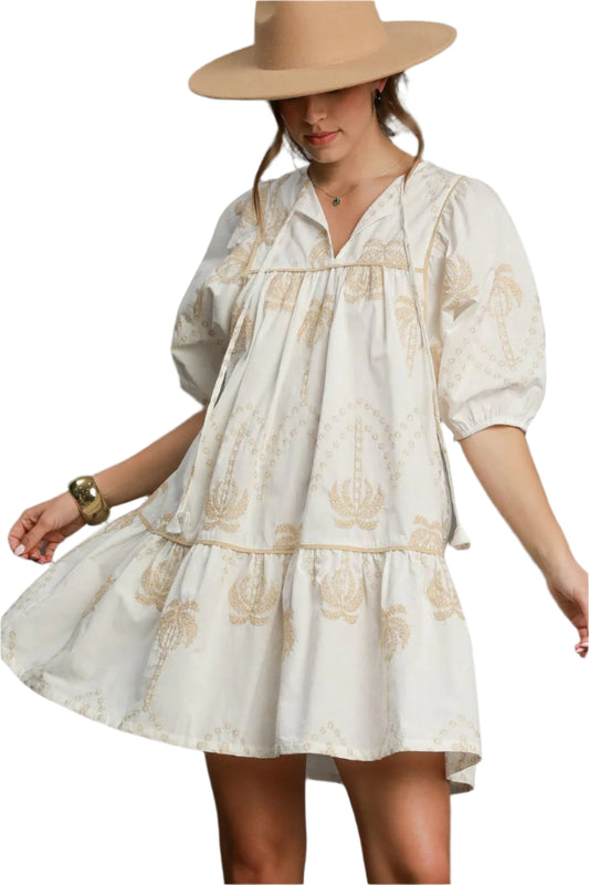 Umgee Embroidered Puff Sleeve Babydoll Dress