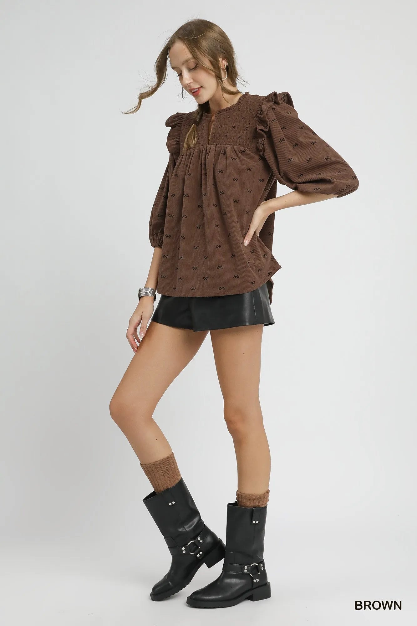 Bow Print Corduroy Puff Sleeve Blouse – Ruffled Feminine Top