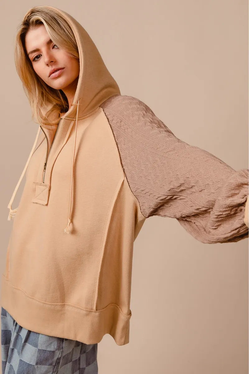 Half Zip French Terry Hoodie with Knit Sleeves
