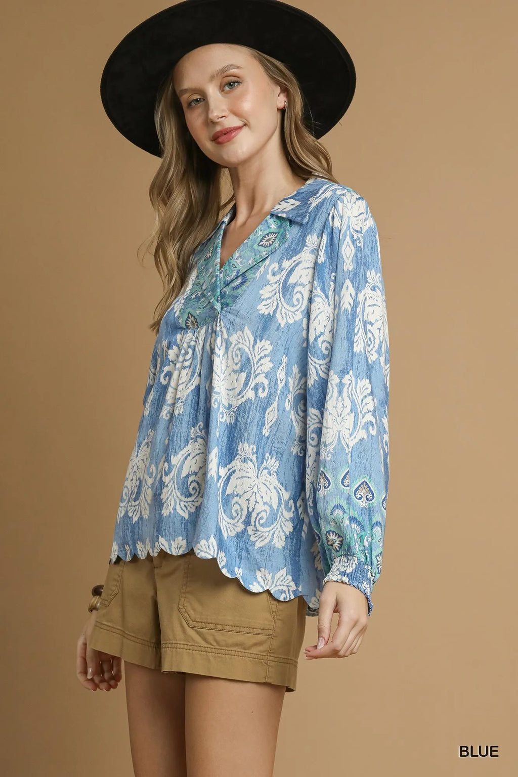 Boho Paisley Floral V-Neck Blouse – Tassel Tie & Balloon Sleeve Top