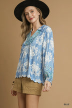 Boho Paisley Floral V-Neck Blouse – Tassel Tie & Balloon Sleeve Top