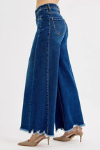 Women’s high-rise wide-leg jeans in blue wash denim, back yoke seam and frayed hems